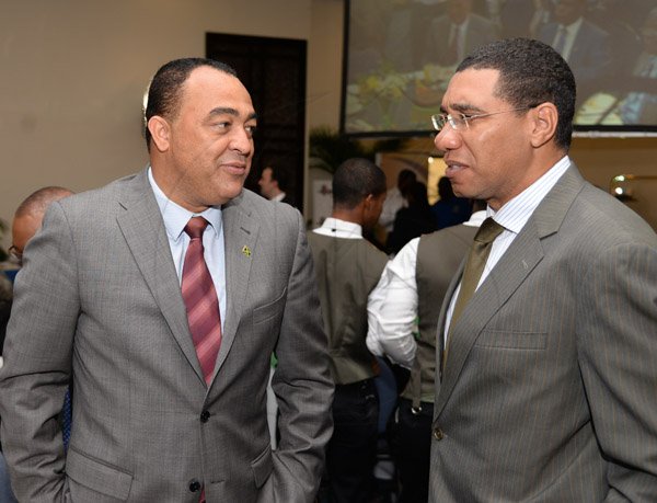 Jermaine Barnaby/Photographer
Opposition Leader Andrew Holness (right) and Christopher Tufton at the annual National Leadership Prayer Breakfast at the  Jamaica Pegasus Hotel in New Kingston on Thursday, January 21, 2016.