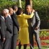 Jermaine Barnaby/Photographer
Jamaica's Prime Minister Portia Simpson Miller greets US President Barrack Obama just before he laid a wreath at National Heroes Park on Thursday April 9, 2015.