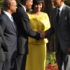 Jermaine Barnaby/Photographer
US President Barrack Obama shakes the hand of Opposition leader Andrew Holness just befire he laid a wreath at National Heroes Park on Thursday April 9, 2015. Looking on is Prime Minister Portia Simpson Miller and Peter Bunting security minister.