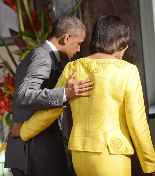 Rudolph Brown/Photographer
Jamaican Prime Minister Portia Simpson-Miller greets President Barack Obama at the Jamaica House, in Kingston, Jamaica on Thursday, April 9, 2015,