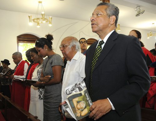 Gladstone Taylor / Photographer

Deputy Prime Minister Dr. Kenneth Baugh (right), Rafiq Khan (UNESCO) and Lisa Hanna (3rd right) as seen at the service of thanksgiving for the life of W. Aggrey Brown held at the UWI Chapel, Kingston