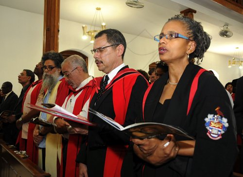 Gladstone Taylor / Photographer

first right Dr Camille Bell-Hutchinson (Campus registrar),  Professor Brian Meeks (2nd right), Dr Swithin Wilmot (3rd right) and Prof. Mark Figueroa (4th right)

Service of thanksgiving for the life of W. Aggrey Brown held at the UWI Chapel, Kingston