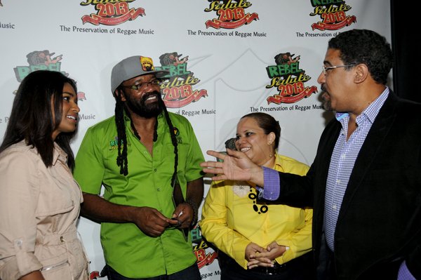 Winston Sill / Freelance Photographer
Launch of Rebel Salute 2013, The 20th Anniversary  edition, held at the Jamaica Pegasus Hotel, New Kingston on Thursday night December 27, 2012. Here are Minister Lisa Hanna (left); Tony Rebel (second left); Suwannee Stewart (second right), of GraceKennedy; and Minister Wykeham McNeill (right).