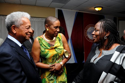 Winston Sill / Freelance Photographer
President of the World Federation of Consuls (WFC), Arnold Foote Jr. host Reception for Prof. Michael Nobel, of the Nobel Prize family, held at the Jamaica Pegasus Hotel, New Kingston on Thursday night January 12, 2012. Here are Robert Phillips (left); Dr. Iva Gloudon (centre), Trinidad and Tobago High Commissioner; and Senegal Ambassador Dr Nafissatou Diagne (right).
