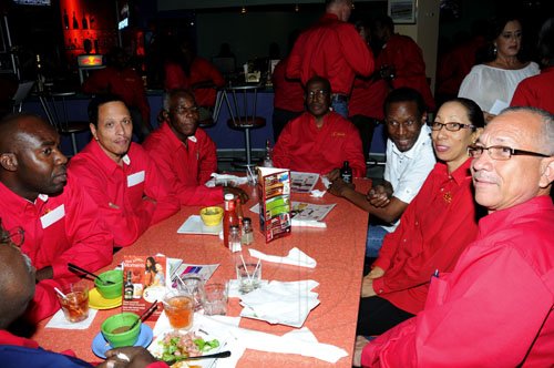 Winston Sill / Freelance Photographer
Restaurant Week:CB Chicken Group and guests dine at Cuddyz, Domonica Drive, New Kingston on Thuirsday night November 17, 2011. Here from left are Clive Morris; Ricardo Wilson; Douglas Dyer; Bentley Jones; Dr. Keith Amiel; Cedric Lazarus; Paulette Hollingsworth; and Newton Gurrell.