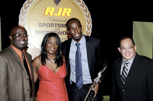 Winston Sill / Freelance Photographer
RJR National Sportsman and Sportswoman of the Year Awards Ceremony, held at the Jamaica Pegasus Hotel, New Kingston on Friday night January 20, 2012. Here are Gary Allen (left); Tessa Sanderson (second left); Usain Bolt (second right); and Ian Wong (right).