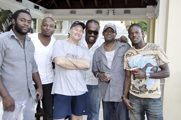 Janet Silvera Photo
From L- Ron McKay (3rd left) and his 'breddas' from L- Nerado Brissett, Omari Bonnie, Fitzroy 'Saxie' Minott, Ian Taylor and Hakeem Pinnock at a poolside party at McKay's home at the Palmyra Resort and Spa in Montego Bay last Saturday afternoon