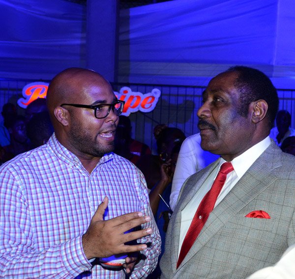 Winston Sill/Freelance Photographer
Launch of Red Stripe Premier League(RSPL) Football, held at Red Stripe Complex, Spanish Town Road on Wednesday night September 3, 2014. Here are Delano Forbes (left), Phase Three Productions; and Capt. Horace Burrell (right).