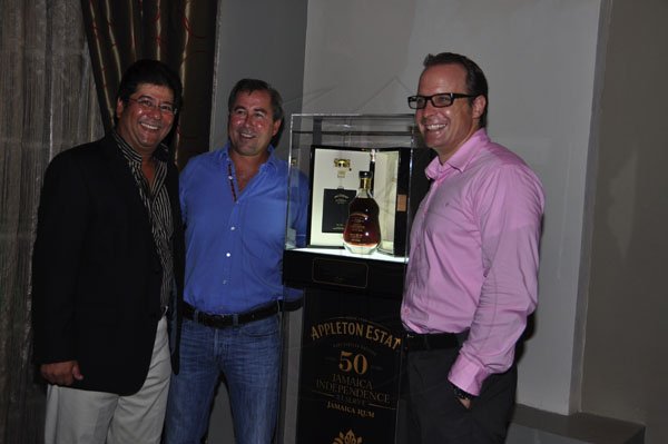 Janet Silvera Photo

The J Wray and Nephew Jamaica 50 Rum on show at the Iberostar Grand hotel in Montego Bay. From L- Denny Chandiram, Bobby Stewart and Philipp Hofer (host) at a private tasting of the Appleton Estate Jamaica 50 Reserve Rum last Thursday night in Montego Bay.