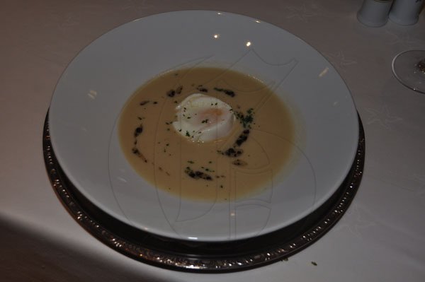 Janet Silvera Photo

Turkey cream soup with confit egg and black truffle served at the Iberostar Grand Hotel, private tasting of the Appleton Estate Jamaica 50 Reserve Rum and dinner last Thursday night in Montego Bay.