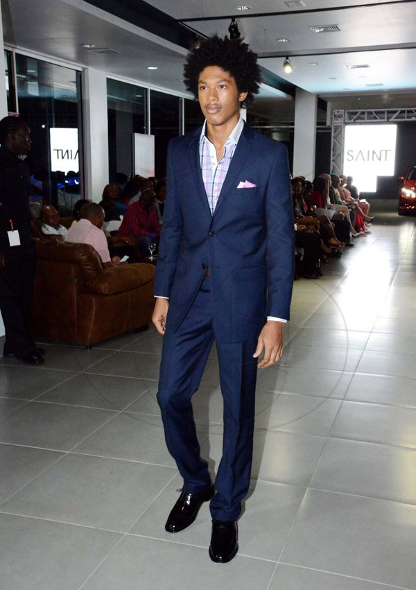 Winston Sill/Freelance Photographer
Saint International Jamaica Limited presents Styleweek Showspace, "Glitz Glam 'N Style", held at Silver Star Motors, South Camp Road on Thursday night May 22, 2014. This navy blue shirt with a plaid undershirt from MaxBrown Boutique had many fashion enthusiasts talking
