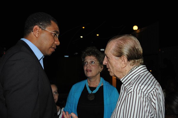 Winston Sill/Freelance Photographer
The Most Hon. Edward Seaga share Birthday Party with son Christopher Seaga and Minister Dr. Omar Davies, held at Russell Heights on Tuesday night May 28, 2013.  Here are Andrew Holness (left); Carla Seaga (centre); and Seaga (right).