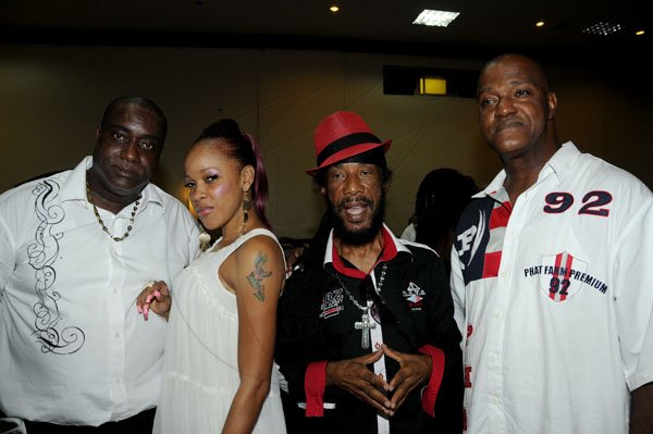Winston Sill / Freelance Photographer
Hon. Edward Seaga lauch Reggae Golden Jubilee CD's, held at Jamaica Pegasus Hotel, New Kingston on Friday night October 19, 2012. Here are Admiral Bailey (left); Paulette Davis (second left); Tinga Stewart (second right); and Junior Sinclair (right).