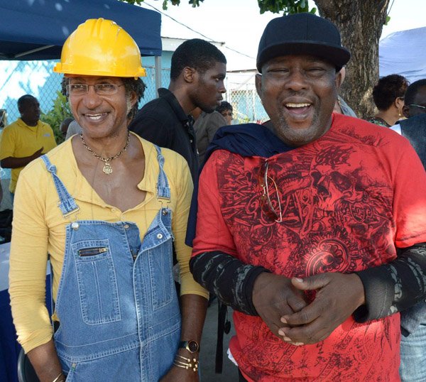 Ian Allen/Photographer
Sly Dunbar left and Robbie Shakespeare right of the duo Sly and Robbie rhythm twins at the General Penitentiary during Shaggy's performance for the Inmates.
