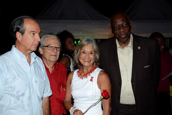 Winston Sill/Freelance Photographer
The Heart Foundation of Jamaica prersents the Media Launch of Simply Red, Wine and Food Festival, held at Millsborough Close on Tuesday night August 19, 2014.  Here are Eduardo Bonilla Menchaca (left), Chile Ambassador; Peter Bangerter (second left); Thalia Lyn (second right0; and Dr. Fenton Ferguson (right), Minister of Health.