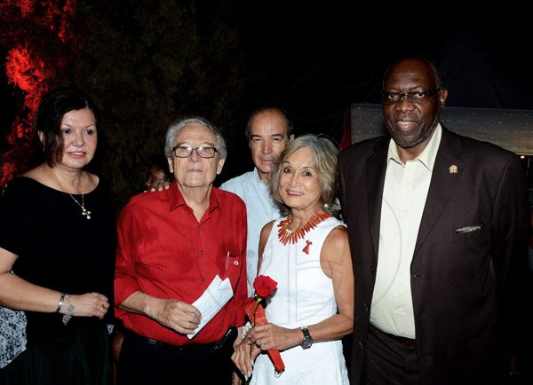 Winston Sill/Freelance Photographer
The Heart Foundation of Jamaica prersents the Media Launch of Simply Red, Wine and Food Festival, held at Millsborough Close on Tuesday night August 19, 2014. Here are Martha Bonilia (left); Peter Bangerter (second left); Eduardo Bonilla Menchaca (centre), Chile Ambassador; Thalia  Lyn (second right); and Dr. Fenton Ferguson (right), Minister of Health.