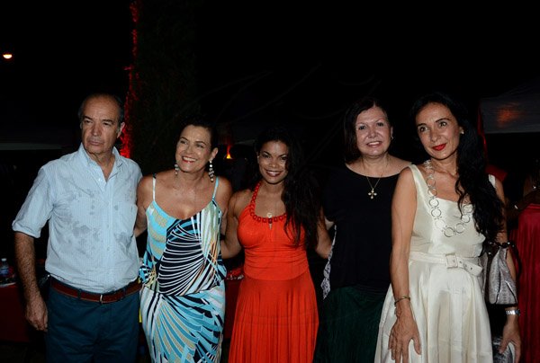 Winston Sill/Freelance Photographer
The Heart Foundation of Jamaica prersents the Media Launch of Simply Red, Wine and Food Festival, held at Millsborough Close on Tuesday night August 19, 2014. Here are Eduardo Bonilla Menchaca (left), Chile Ambassador; Cindy Breakspeare-Bent (second left); Laura Butler (centre); Martha Bonilia (second right); and Matia Toledo De Schmillen (right), wife of the new German Ambassador.