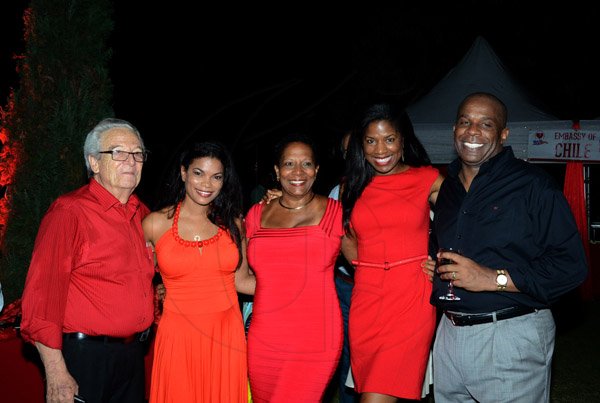 Winston Sill/Freelance Photographer
The Heart Foundation of Jamaica prersents the Media Launch of Simply Red, Wine and Food Festival, held at Millsborough Close on Tuesday night August 19, 2014. Here are Peter Bangerter (left); Laura Butler (second left); Jan Christie (centre); Keneea Linton-George (second right); and Greg Christie (right).