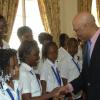 Ian Allen / Photographer
Governor General Sir Patrick Allen right and Lady Allen, greets the finalists in the 2012 Spelling Bee competition while they were on a curtesy call at Kings House on thursday.