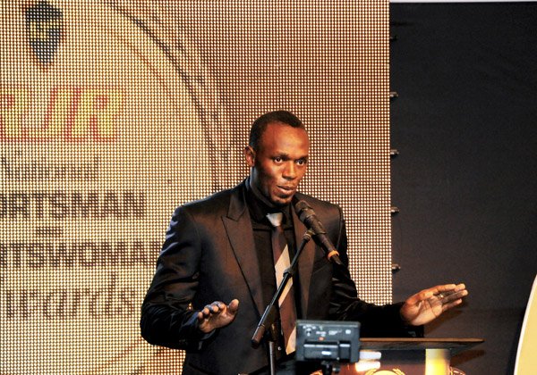 Winston Sill / Freelance Photographer
Usain Bolt gives his acceptance speech during the RJR National Sportsman and Sportswoman Award Ceremony, held at the Jamaica Pegasus Hotel on Friday.
