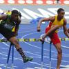 Ian Allen/Photographer
Jordon Chin right of St.Jago, Jaheel Hyde centre of Wolmers Boys and Seanie Selvin of Calabar together at he first hurdle in semi-finals one of the Class 2 Boys 110 metre hurdles on Day Four of the 2013 Boys and Girls Atlethics Championships.