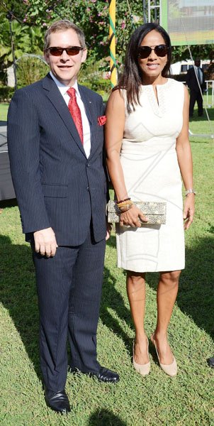 Rudolph Brown/Photographer
Suzann Bowen with her husband Bruce Bowen, Scotiabank CEO at Andrew Holness' swearing in as new Prime Minister at King's House on Sunday.

************************************************************ October 23-2011