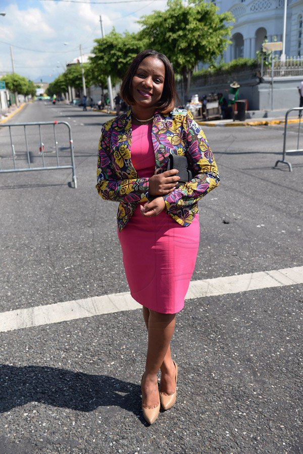 Jermaine Barnaby/Photographer
Farrah Blake assistant relations manager Bahia Principe elegantly dressed as she went in to Gordon House for the senators and MP's sear in ceremony on Thursday March 10, 2016.
