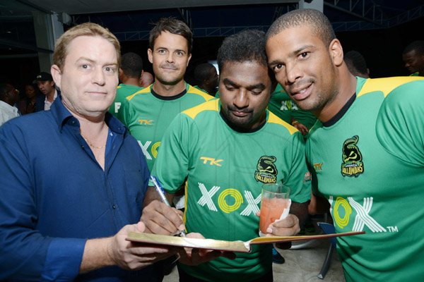 Rudolph Brown/ Photographer
From left are Phillip Ramson, Jacques Rudolph, Muttiah Muralitharan and Vernon Philander at a welcome reception hosted by XOX for members of the Jamaica Tallawahs cricket team at the Pegasus Hotel on Wednesday, August, 14,2013