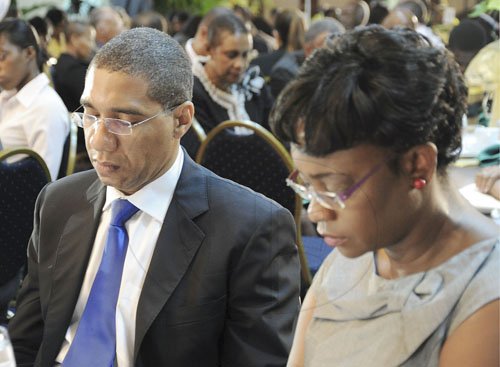 Ricardo Makyn/Staff Photographer
Opposition Leader the Hon Andrew Holness and Wife Juliet Holness at the 32nd Annual National Leadership Prayer Breakfast at the Jamaica Pegasus Hotel on Thursday 19.1.2012