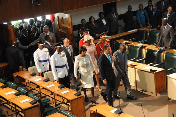 Jermaine Barnaby/Freelance Photographer
Members of the opposition and the ruling party making their way into the state opening of Parliament at Gordon House on Thursday April 14, 2016.