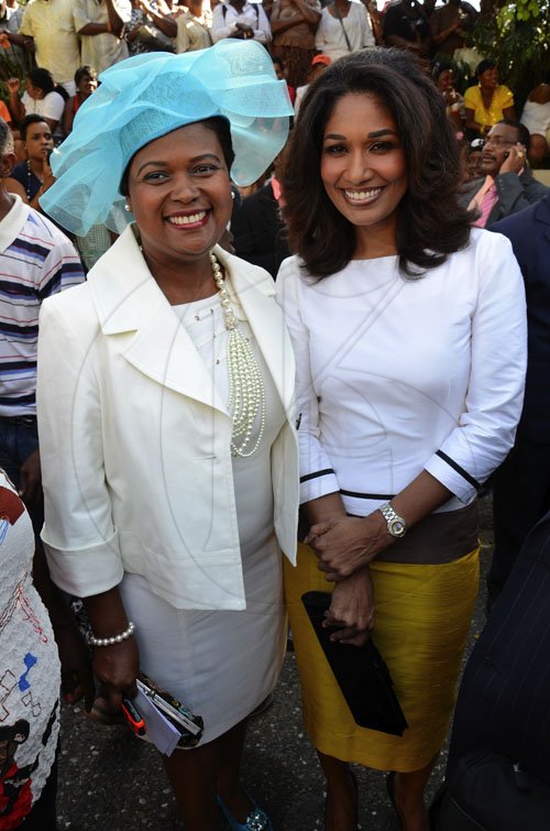 Rudolph Brown/Photographer
Dollis Campbell, (left) pose with Lisa Hanna at the opening of the new parliament at Gordon House on Tuesday, January 17-2012