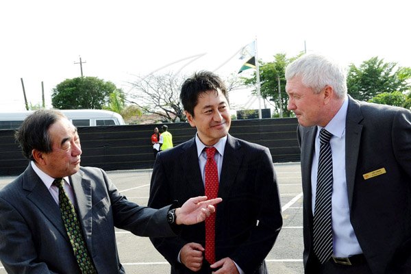 Winston Sill/Freelance Photographer
BUSINESS DESK:----- Toyota Jamaica host Ground Breaking Ceremony for the construction of a  New Branch, held at Old Hope Road, St. Andrew on Wednesday January 28, 2015. Here are Yasuo Takase (left), Japan Ambassador; Hiroshi Kitahara (centre), General Manager, Toyota Tsusho America, Inc.; and Tom Connor (right), Managing Director, Toyota Jamaica Limited.