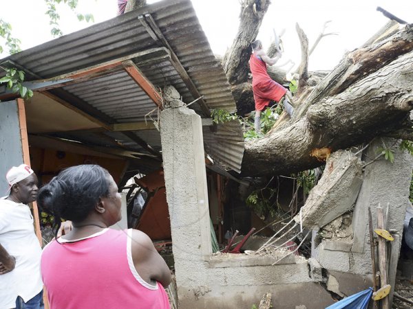 Rudolph Brown/Photographer
This lady looking at workman cutting a tree after it fall on her house in Clufton in St. CatherineHurricane Sandy passes through Jamaica on damage properties on Thursday, October 25, 2012
