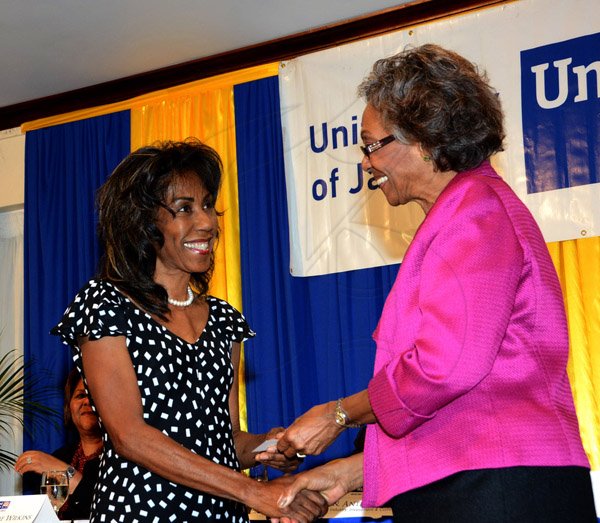 Winston Sill/Freelance Photographer
United Way of Jamaica annual Nation Builders'  Awards and  Employee Awards Ceremony, Held at the Jamaica Pegasus Hotel, New Kingston on Thursday September 11, 2014. Here are Dr. Jennifer Alexander (left); and Lady Rheima Hall (right).