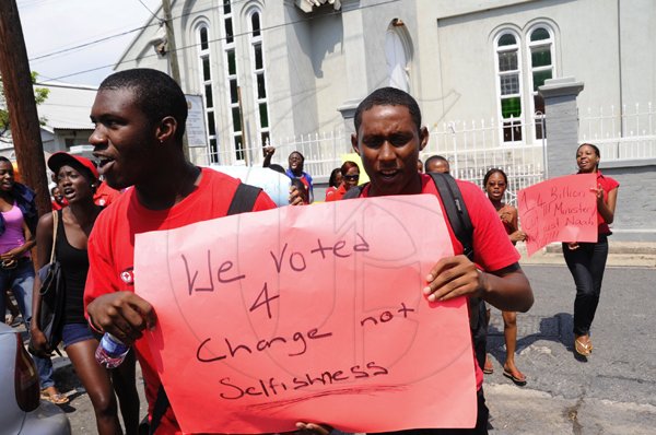 Ricardo Makyn/Staff Photographer.
University Students protesting against Minister of Education Andrew Holness because of the withdrawal of a subsidy to Tertiary level Students  on Tuesday 13.4.2010