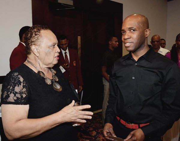 Winston Sill/Freelance Photographer
PUBLIC AFFAIRS DESK:-----Barbara Gloudon (left) may be telling Troy Powell, artistic director of Ailey II dance company about Jamaica on this his first visit.
Wolmers Trust presents the Media Launch of Ailey2, held at the Jamaica Pegasus Hotel, New Kingston on Thursday night may 29, 2014.