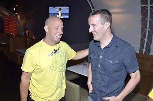 Contributed
Gary Matalon (left), Kingston Live entertainment director and project manager at Tracks and Records shares  a joke with CEO of Digicel, Mark Linehan at 'Breakfast at the Tracks' prior to the start of the World Championship  Men?s 100m final in Daegu, South Korea.