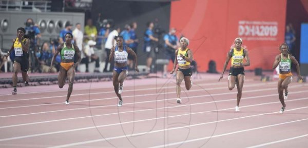 Jamaicans Jonielle Smith (left), Shelly Ann Fraser Pryce (third from right) and Elaine Thompson (second from right) competing in the womens 100m final at the 2019 IAAF World Athletic Championships held at the Khalifa International Stadium in Doha, Qatar on Sunday September 29, 2019.