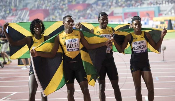 From left Tiffany James, Nathon Allen, Javon Francis and Roneisha McGregor moments after the 4x400m  mixed relay 2019 IAAF World Athletic Championships held at the Khalifa International Stadium in Doha, Qatar on Sunday September 29, 2019.