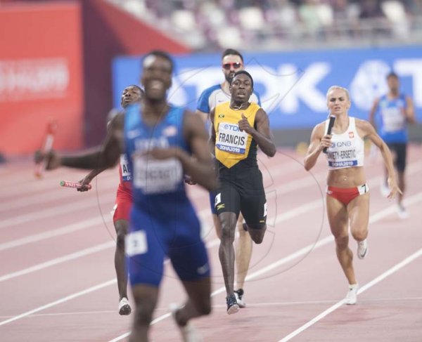 Javon Francis of Jamaica runs the anchor leg of the 4x400m mixed relay final 2019 IAAF World Athletic Championships held at the Khalifa International Stadium in Doha, Qatar on Sunday September 29, 2019.