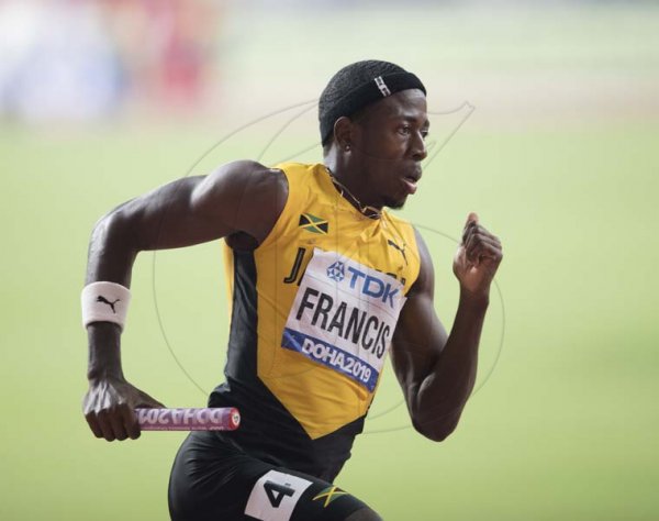 Javon Francis runs the anchor leg of the 4x400m mixed relay final crossing the line in second place. 2019 IAAF World Athletic Championships held at the Khalifa International Stadium in Doha, Qatar on Sunday September 29, 2019.