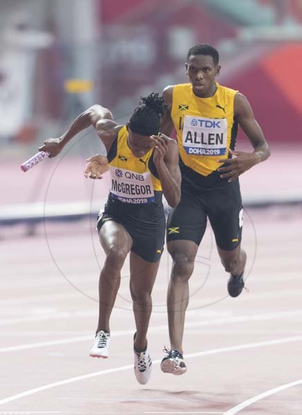 Baton Exchange between Nathon Allen and Roneisha McGregor (left) for the second leg of the 4X400M mixed relay final. Jamaica placed second in the event winning a silver medal. 2019 IAAF World Athletic Championships held at the Khalifa International Stadium in Doha, Qatar on Sunday September 29, 2019.