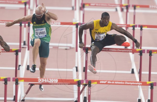 Andrew Riley competes in heat 3 of the men 110m hurdle event at the  2019 IAAF World Athletic Championships held at the Khalifa International Stadium in Doha, Qatar on Monday September 30, 2019. Riley Qualified with a time of 13.67 seconds.