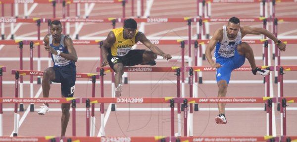 Orlando Bennet competing in the 110m hurdle event at the